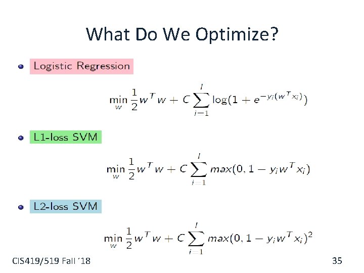 What Do We Optimize? CIS 419/519 Fall ’ 18 35 