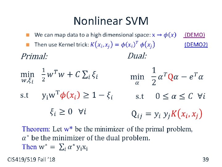Nonlinear SVM § CIS 419/519 Fall ’ 18 39 