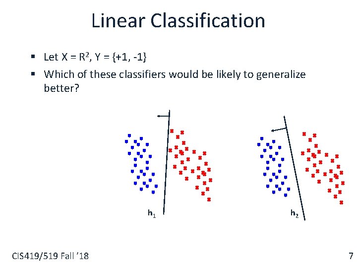 Linear Classification § Let X = R 2, Y = {+1, -1} § Which