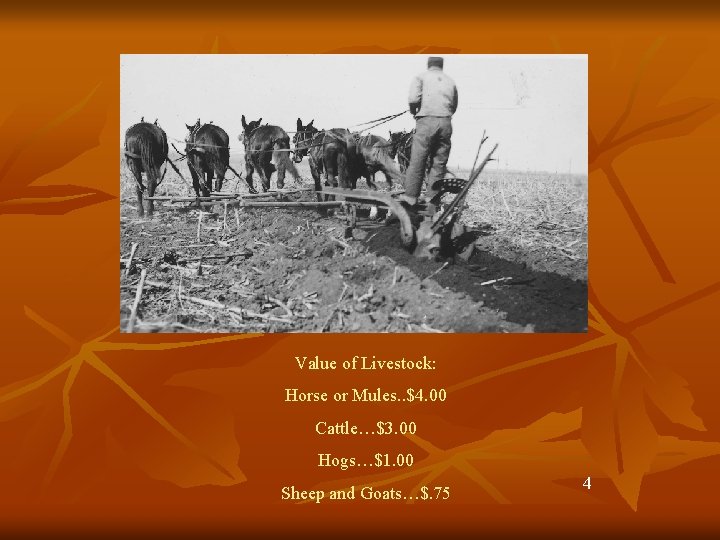 Value of Livestock: Horse or Mules. . $4. 00 Cattle…$3. 00 Hogs…$1. 00 Sheep