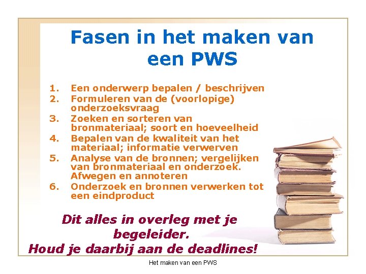 Fasen in het maken van een PWS 1. 2. 3. 4. 5. 6. Een