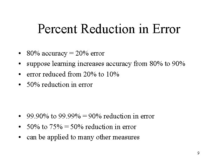 Percent Reduction in Error • • 80% accuracy = 20% error suppose learning increases