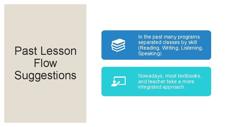 Past Lesson Flow Suggestions In the past many programs separated classes by skill (Reading,