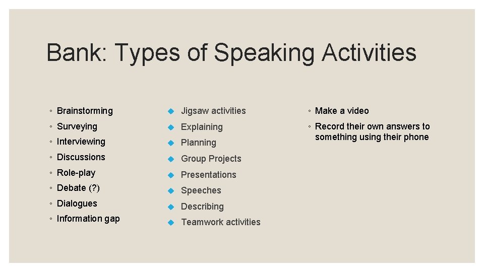 Bank: Types of Speaking Activities ◦ Brainstorming Jigsaw activities ◦ Make a video ◦