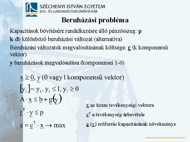 Beruházási probléma Kapacitások bővítésére rendelkezésre álló pénzösszeg: p k db különböző beruházási változat (alternatíva)