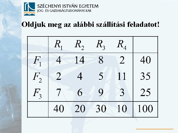 Oldjuk meg az alábbi szállítási feladatot! 