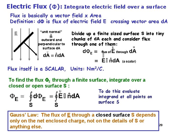 Electric Flux (F): Integrate electric field over a surface Flux is basically a vector