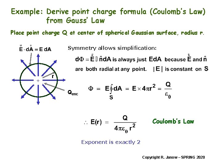 Example: Derive point charge formula (Coulomb’s Law) from Gauss’ Law Place point charge Q