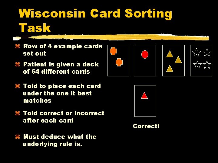 Wisconsin Card Sorting Task Row of 4 example cards set out Patient is given