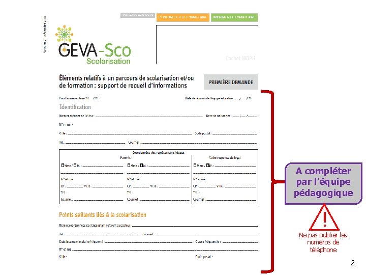 A compléter par l’équipe pédagogique ! Ne pas oublier les numéros de téléphone Circonscription