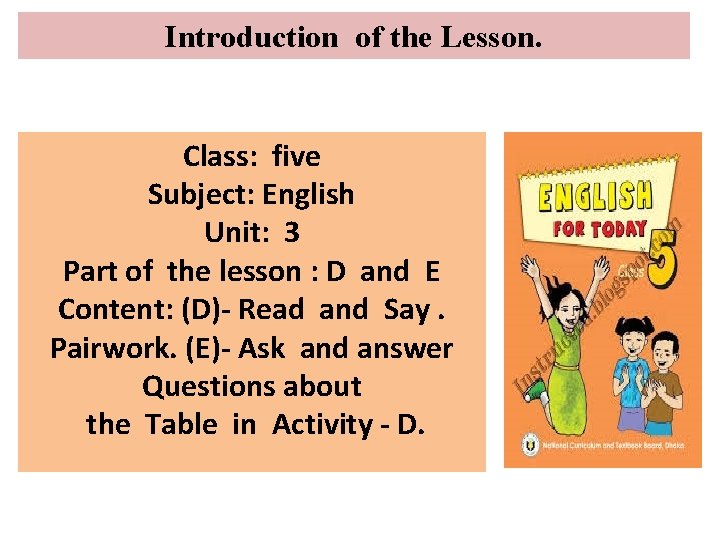 Introduction of the Lesson. Class: five Subject: English Unit: 3 Part of the lesson