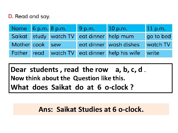 Dear students , read the row a, b, c, d. Now think about the