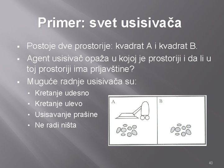 Primer: svet usisivača § § § Postoje dve prostorije: kvadrat A i kvadrat B.