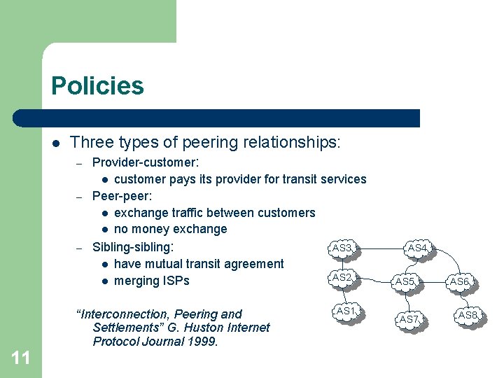 Policies l Three types of peering relationships: – – – 11 Provider-customer: l customer