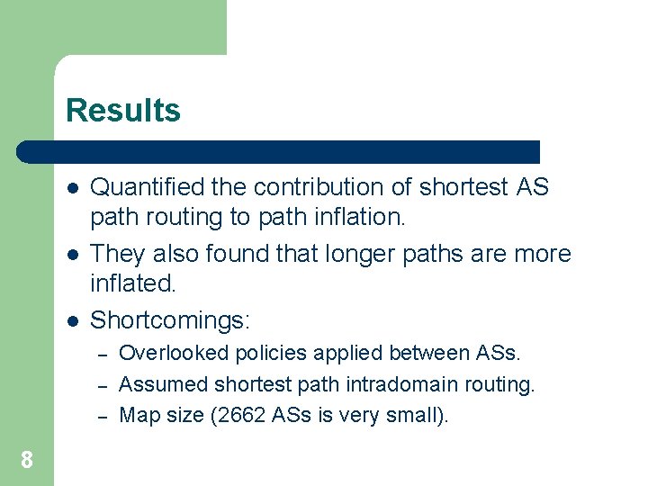Results l l l Quantified the contribution of shortest AS path routing to path