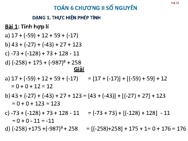 Hai C 2 TOÁN 6 CHƯƠNG II SỐ NGUYÊN DẠNG 1. THỰC HIỆN PHÉP