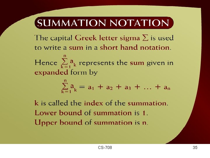 Summation Notation – (20 - 3) CS-708 35 