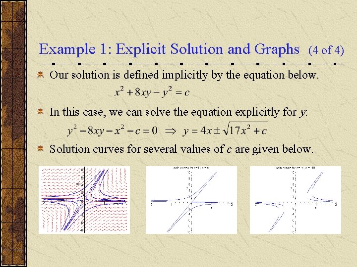 Example 1: Explicit Solution and Graphs (4 of 4) Our solution is defined implicitly