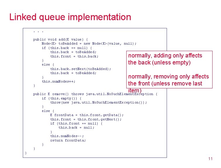 Linked queue implementation. . . public void add(E value) { Node<E> to. Be. Added