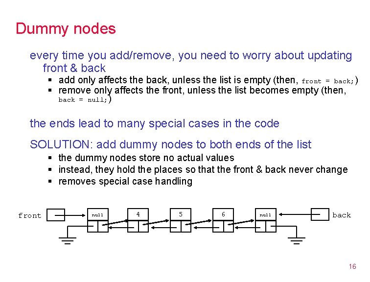 Dummy nodes every time you add/remove, you need to worry about updating front &