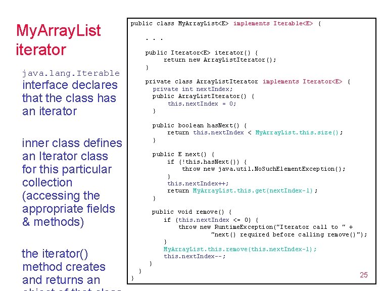 My. Array. List iterator public class My. Array. List<E> implements Iterable<E> {. . .