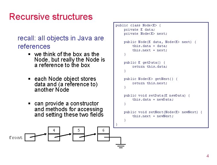 Recursive structures recall: all objects in Java are references public class Node<E> { private