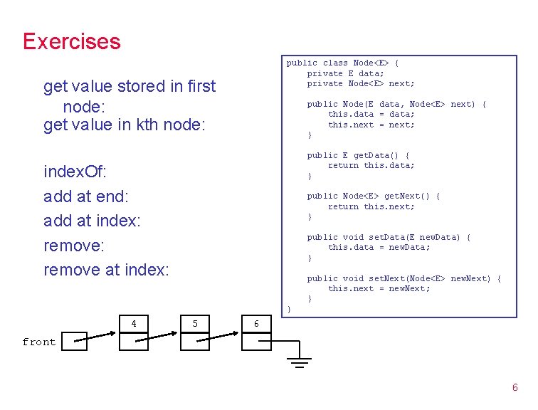 Exercises public class Node<E> { private E data; private Node<E> next; get value stored