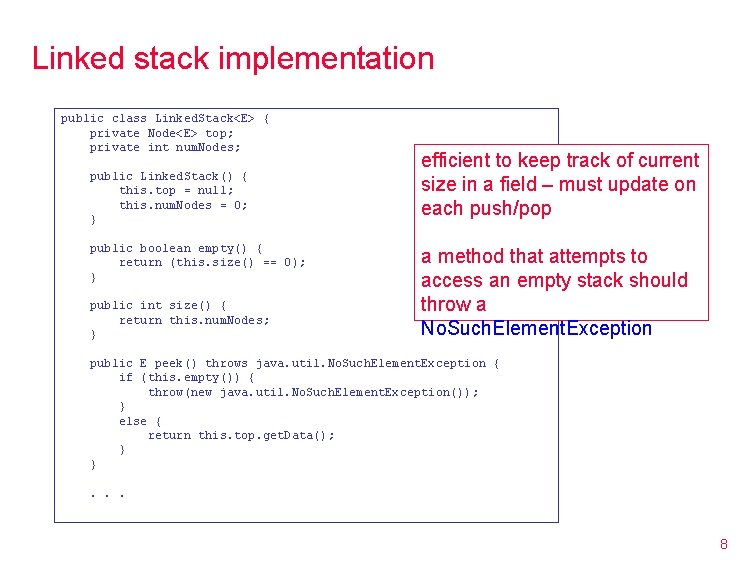 Linked stack implementation public class Linked. Stack<E> { private Node<E> top; private int num.