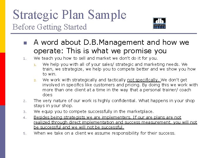 Strategic Plan Sample Before Getting Started n 1. 2. 3. 4. 5. A word