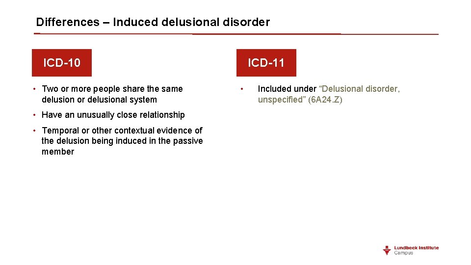 Differences – Induced delusional disorder ICD-10 • Two or more people share the same