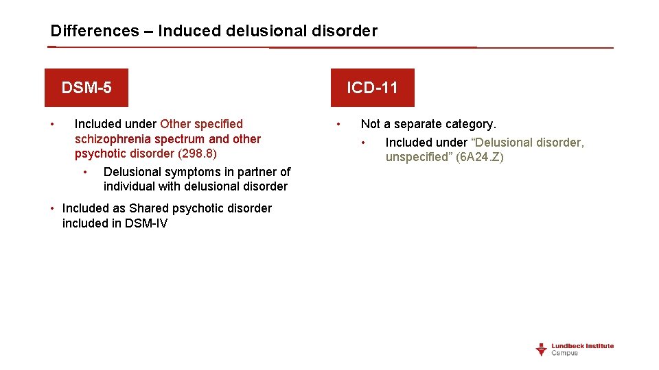 Differences – Induced delusional disorder DSM-5 • Included under Other specified schizophrenia spectrum and