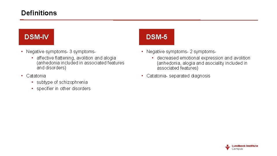 Definitions DSM-IV DSM-5 • Negative symptoms- 3 symptoms- • affective flattening, avolition and alogia