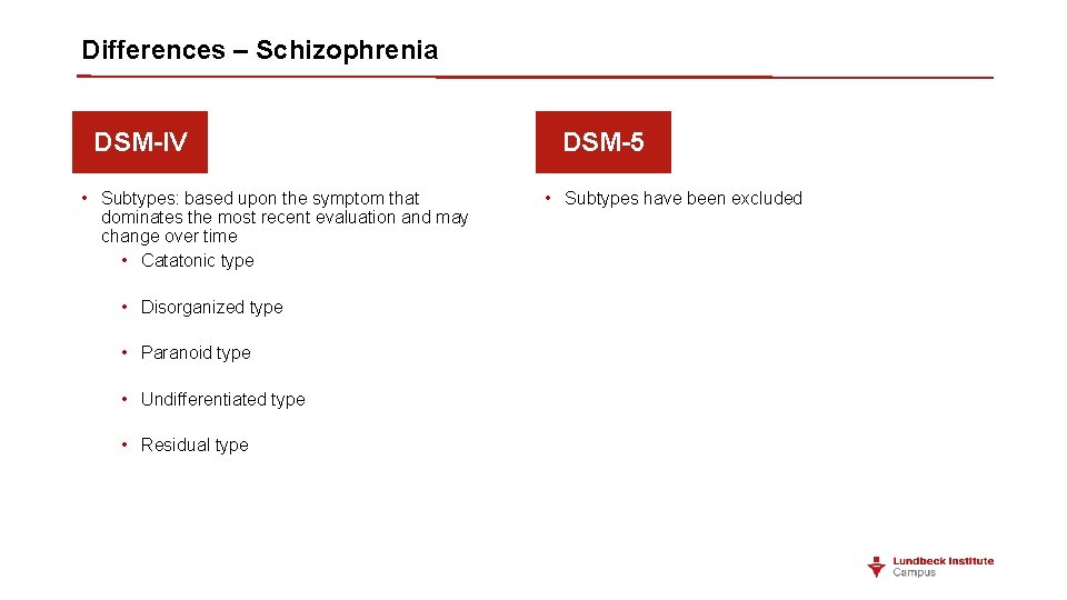 Differences – Schizophrenia DSM-IV • Subtypes: based upon the symptom that dominates the most