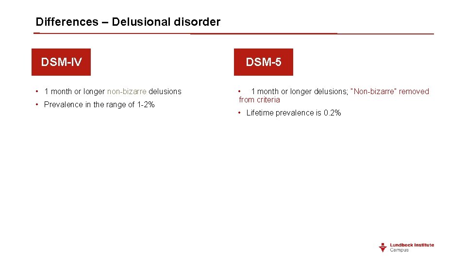 Differences – Delusional disorder DSM-IV • 1 month or longer non-bizarre delusions • Prevalence Differences – Delusional disorder DSM-IV • 1 month or longer non-bizarre delusions • Prevalence