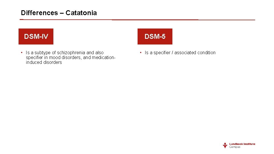 Differences – Catatonia DSM-IV • Is a subtype of schizophrenia and also specifier in