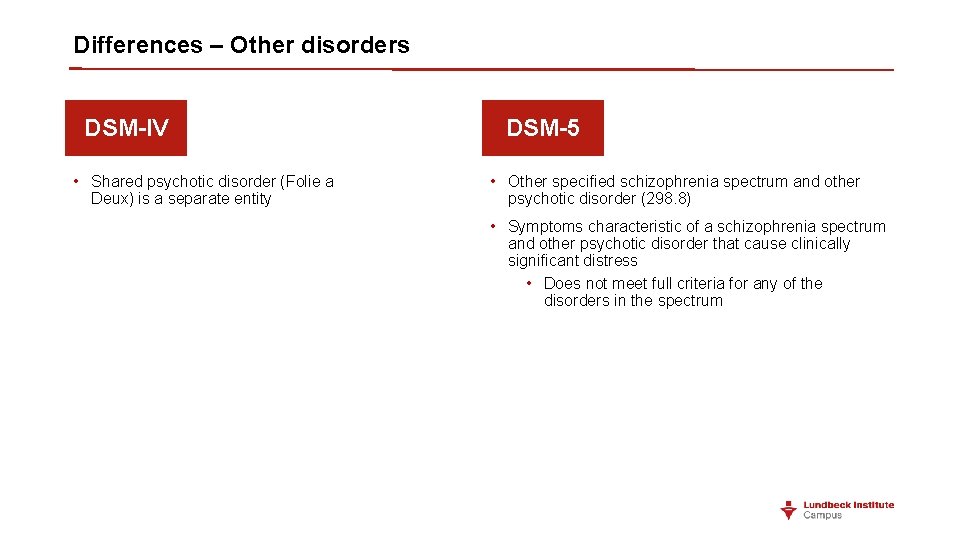 Differences – Other disorders DSM-IV • Shared psychotic disorder (Folie a Deux) is a