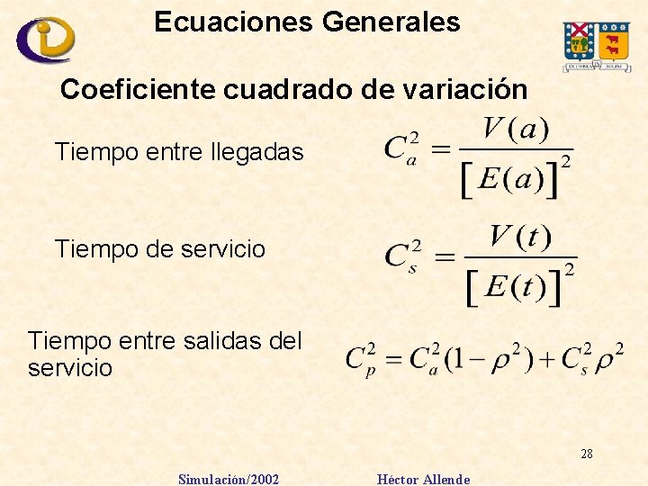 Ecuaciones Generales Coeficiente cuadrado de variación Tiempo entre llegadas Tiempo de servicio Tiempo entre