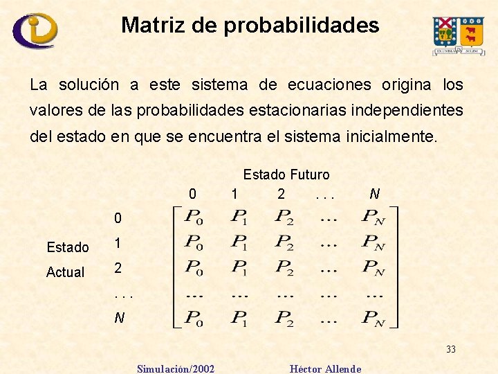 Matriz de probabilidades La solución a este sistema de ecuaciones origina los valores de