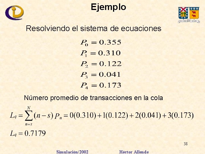 Ejemplo Resolviendo el sistema de ecuaciones Número promedio de transacciones en la cola 38