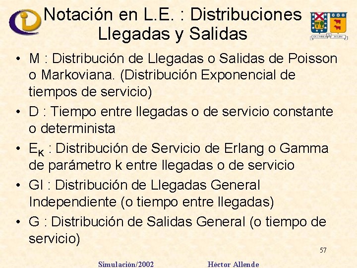 Notación en L. E. : Distribuciones Llegadas y Salidas • M : Distribución de