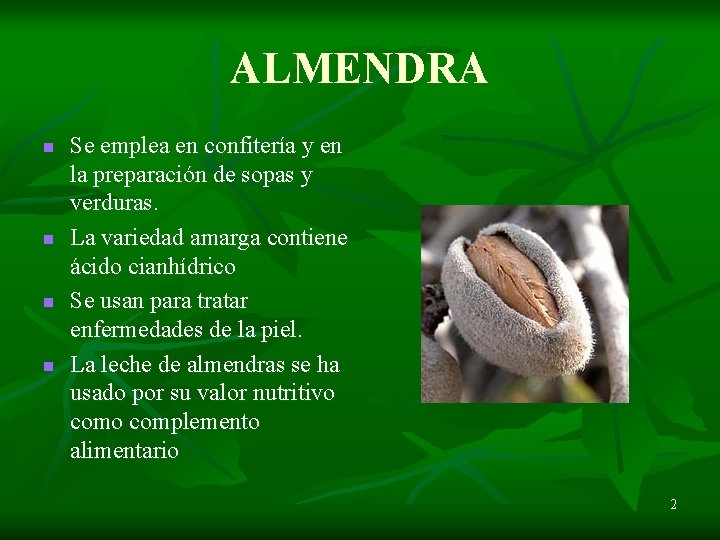 ALMENDRA n n Se emplea en confitería y en la preparación de sopas y