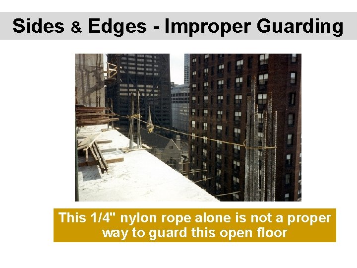 Sides & Edges - Improper Guarding This 1/4" nylon rope alone is not a