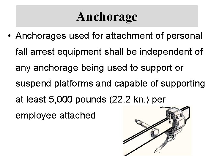 Anchorage • Anchorages used for attachment of personal fall arrest equipment shall be independent