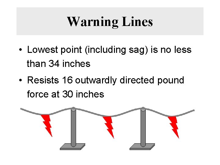 Warning Lines • Lowest point (including sag) is no less than 34 inches •