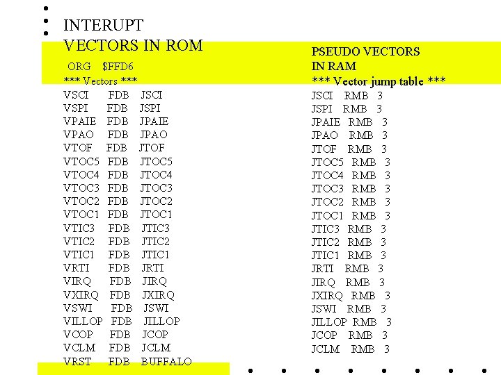 INTERUPT VECTORS IN ROM ORG $FFD 6 *** Vectors *** VSCI FDB JSCI VSPI