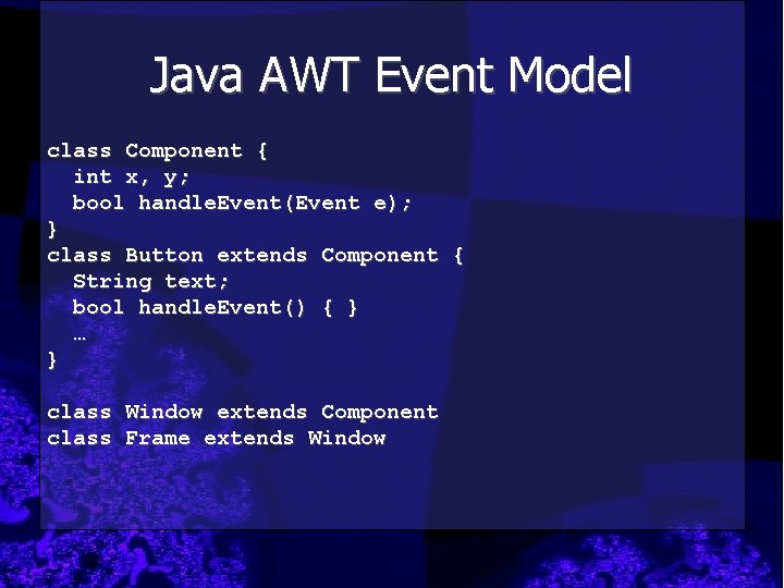 Java AWT Event Model class Component { int x, y; bool handle. Event(Event e);