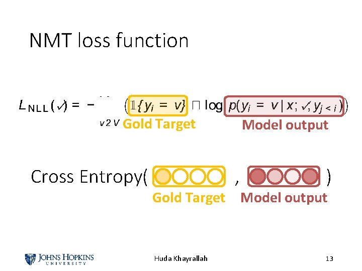 NMT loss function Gold Target Model output Cross Entropy( , ) Gold Target Model