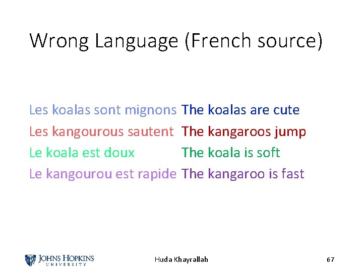 Wrong Language (French source) Les koalas sont mignons The koalas are cute Les kangourous