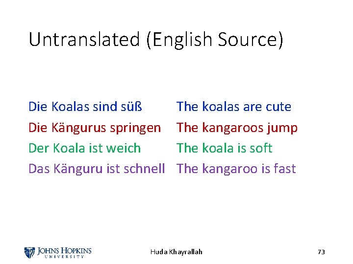 Untranslated (English Source) Die Koalas sind süß Die Kängurus springen Der Koala ist weich