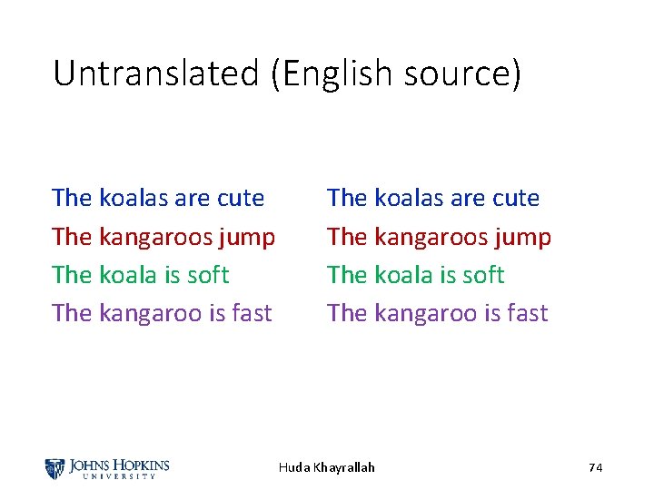 Untranslated (English source) The koalas are cute The kangaroos jump The koala is soft